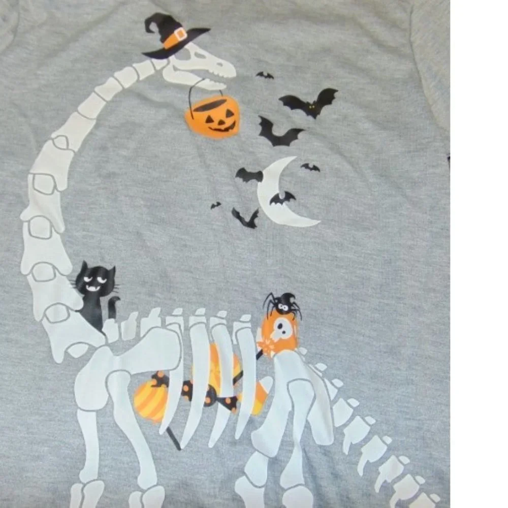 Skeleton Dinosaur Halloween Pajamas 10/12 Gray Shirt & Orange Pants 2 Pc Kids